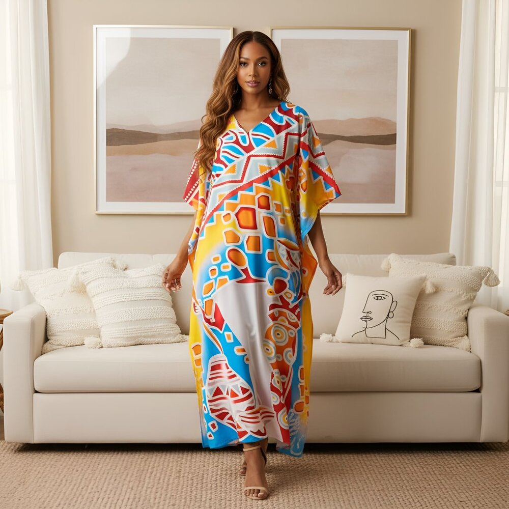 Geometric Print Multicolor Beach Kaftan Maxi Dress for Women by Gypsie Blu